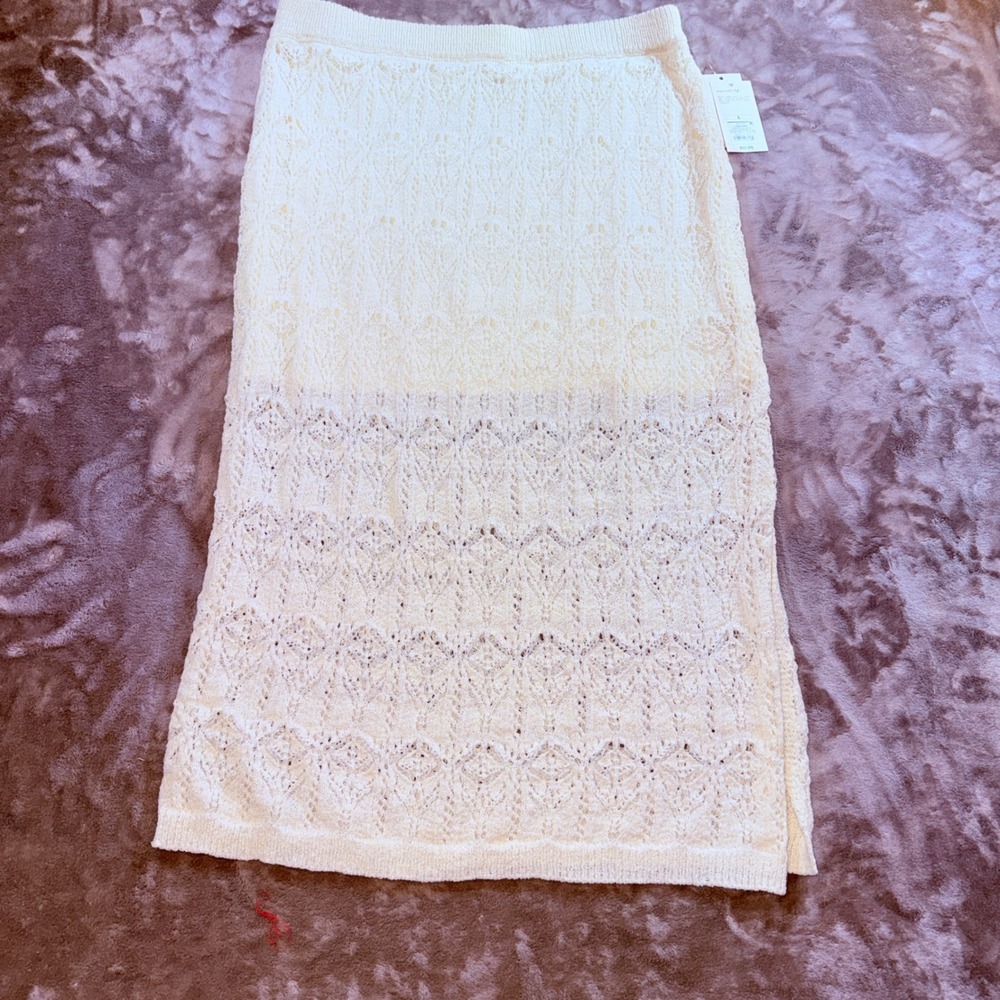 A New Day Pointelle Knit Skirt Womens L Cream NEW Side Slit Midi‎ Skirt